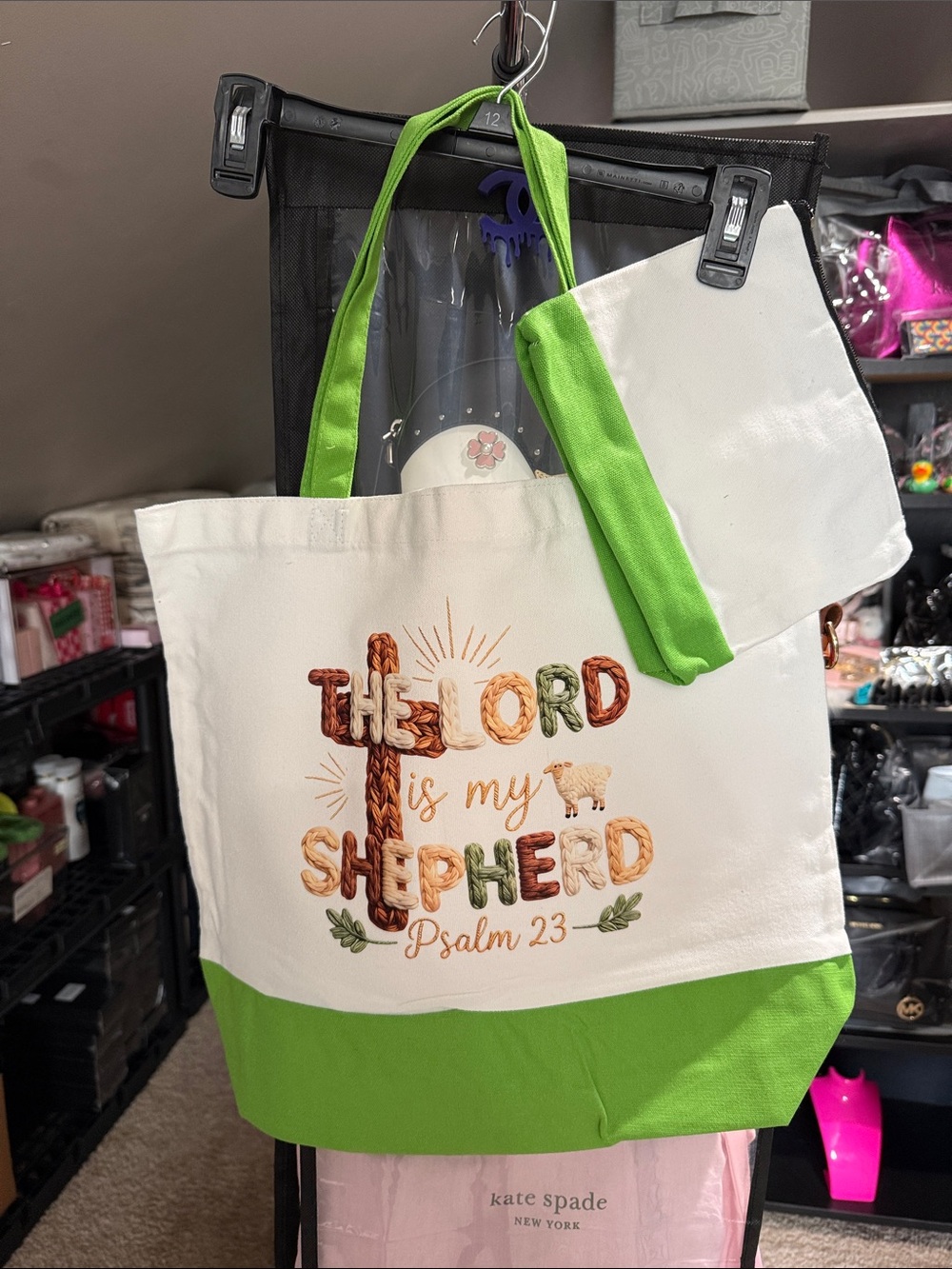 White and Bright Green Canvas Psalm 23 Tote with Pouch - Picture 2 of 3